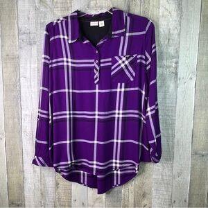 Westbound Size XL 100% Rayon Purple /White/Black Plaid Print 1/3 Button Shirt